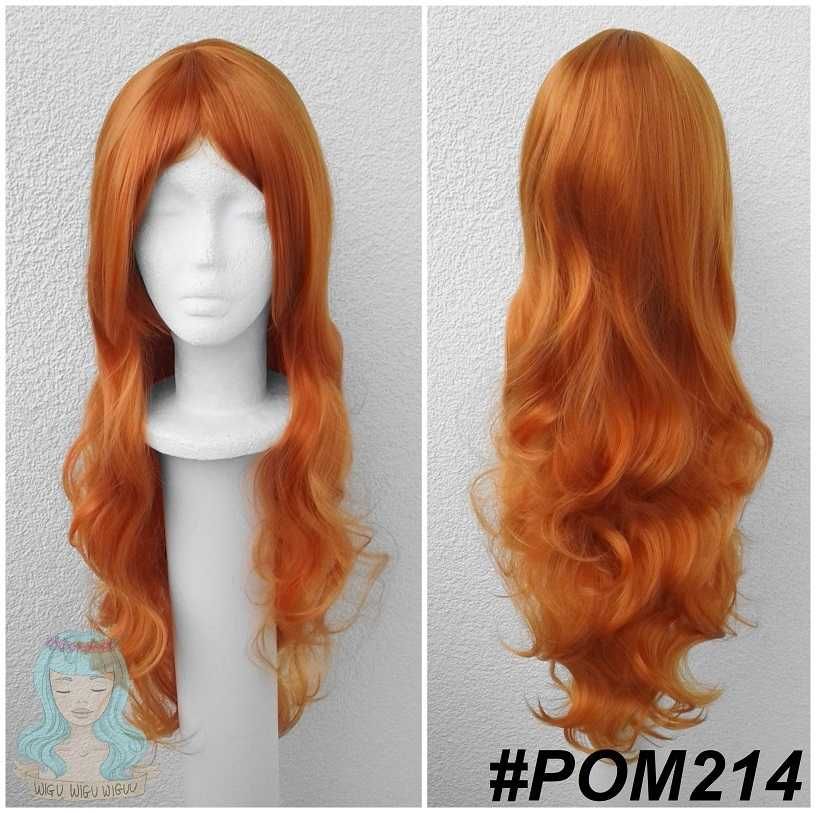 Ruda falowana pomarańczowa długa peruka z grzywką rudy cosplay wig