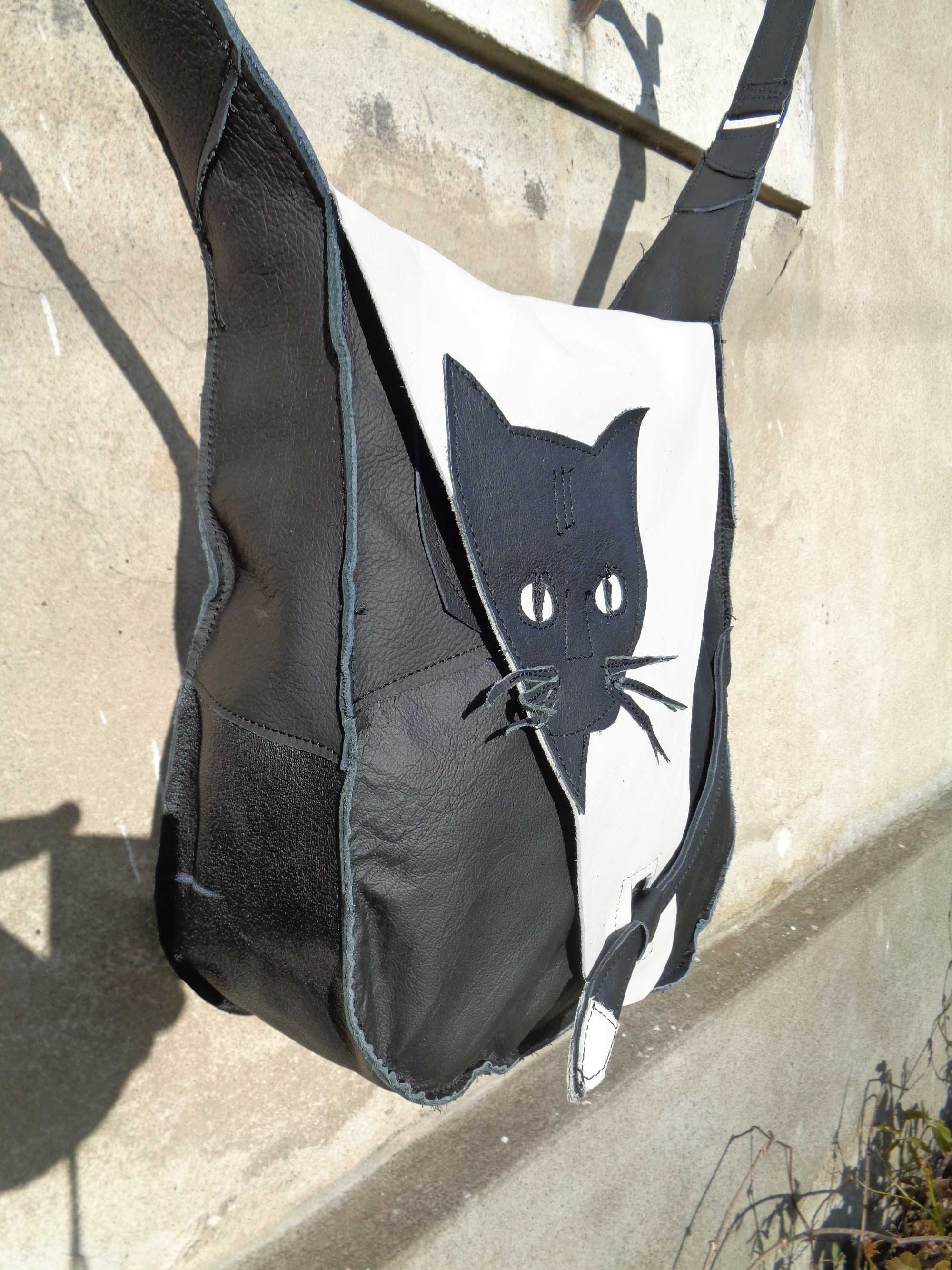 Artystyczna torebka skórzana z kotem. Handmade