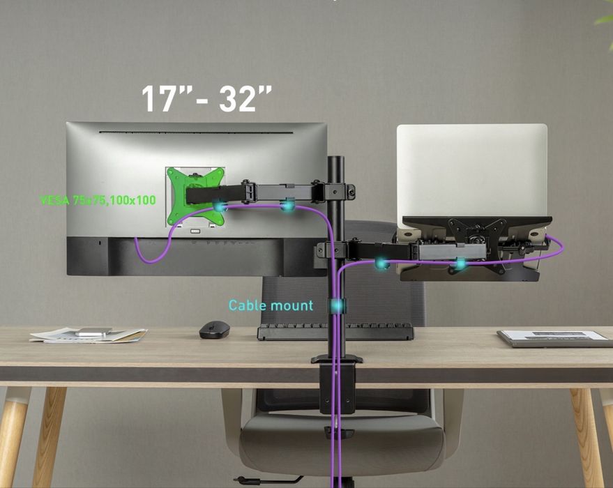 2w1 Uchwyt do monitora i laptopa Spacetronik biurkowy VESA podwójny