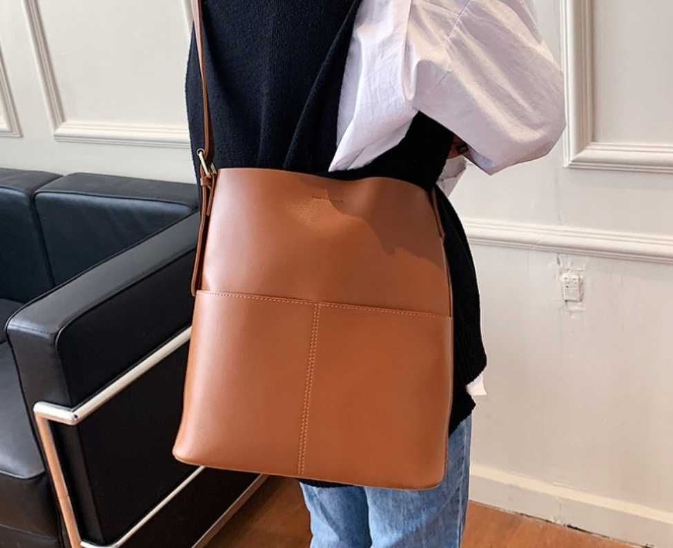 Torebka Damska Torba na Ramię Brązowa Pojemna Shopper A4 Eko Skóra