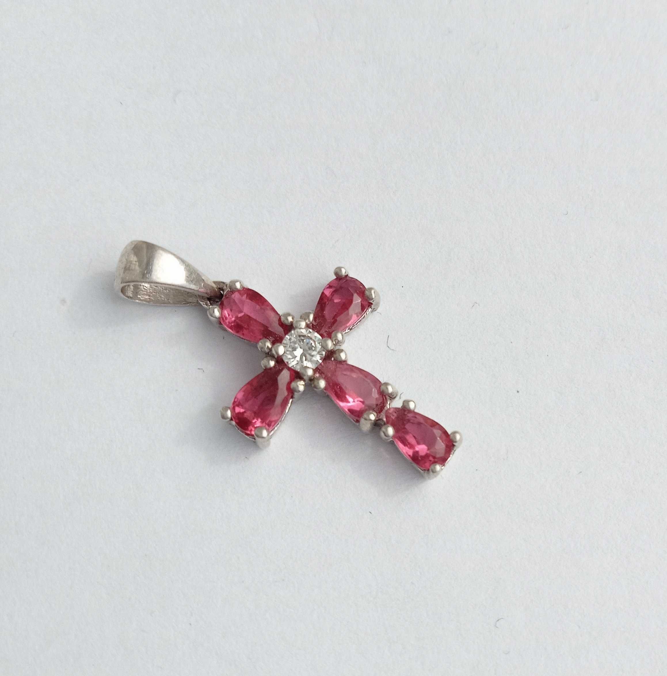 Хрестик кулон підвіска із рожевими камінцями, срібло 925 проба вінтаж