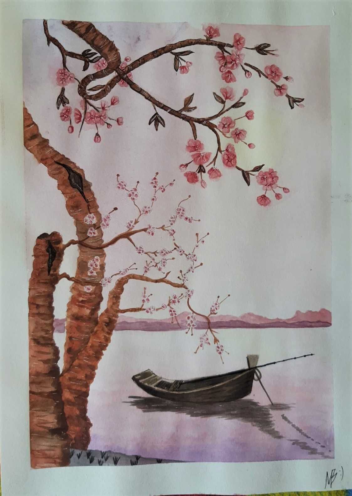Картина акварелью "Сакура", формат А3
