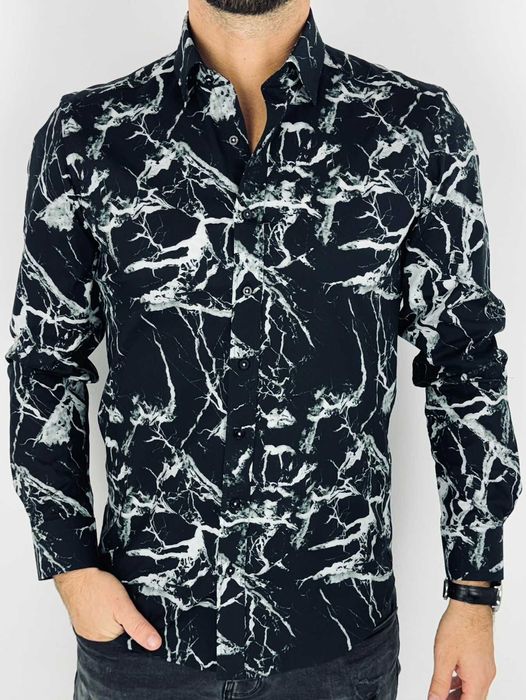 GIOVANNI PERA Koszula męska K015 Czarna/biała marmur