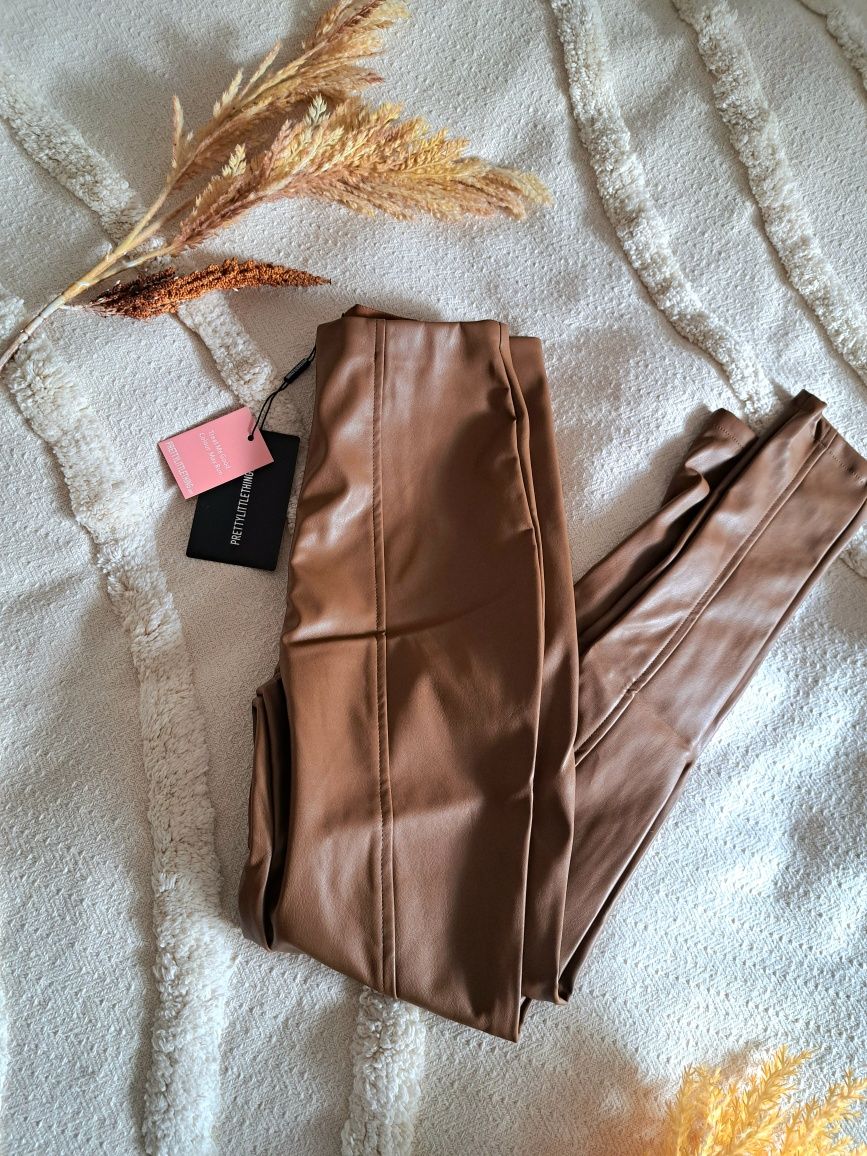 Piękne skórzane spodnie, jegginsy brązowe, rurki PrettyLittleThing 36