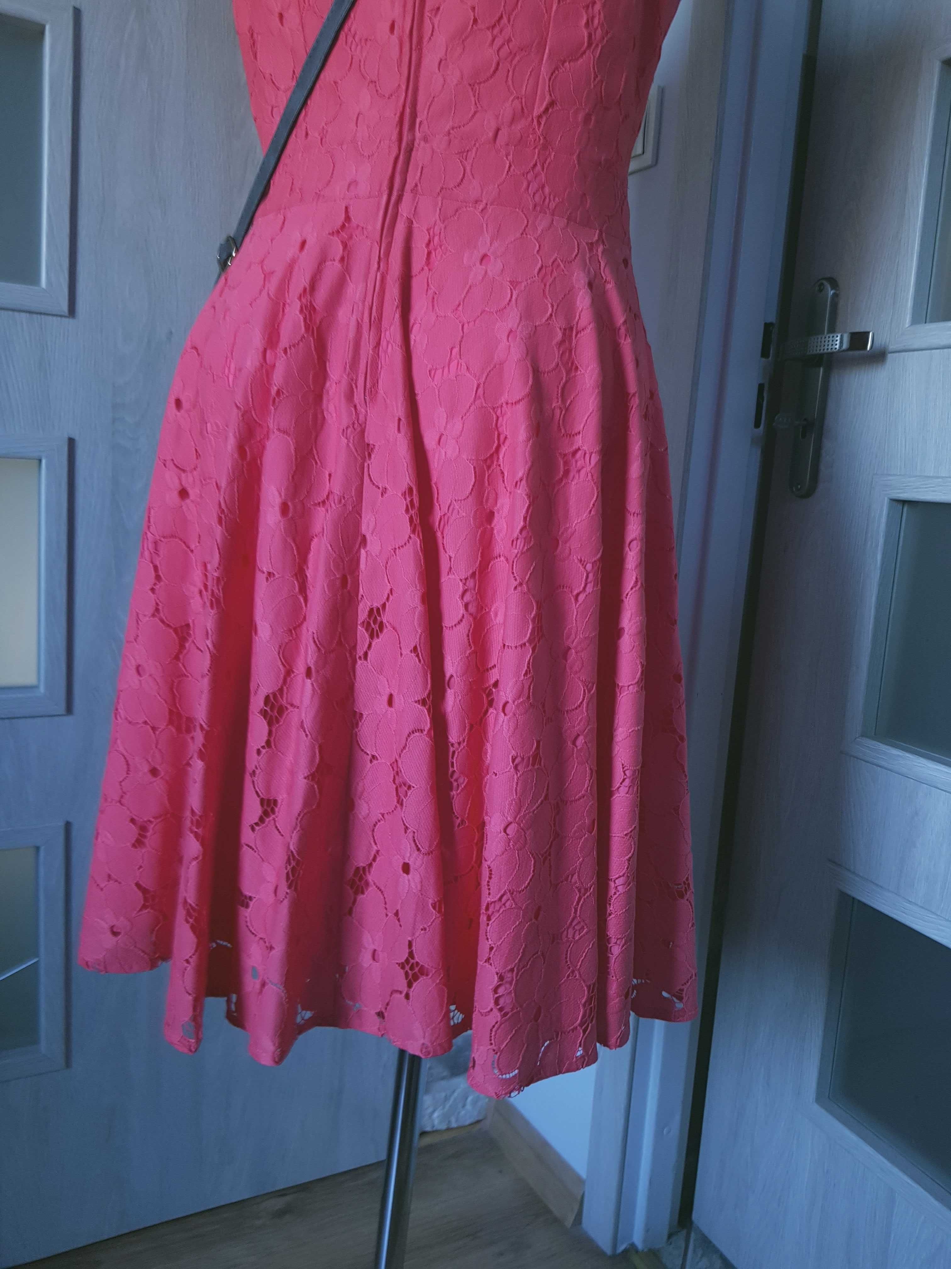 Elegancka koronkowa sukienka midi malinowy róż XL