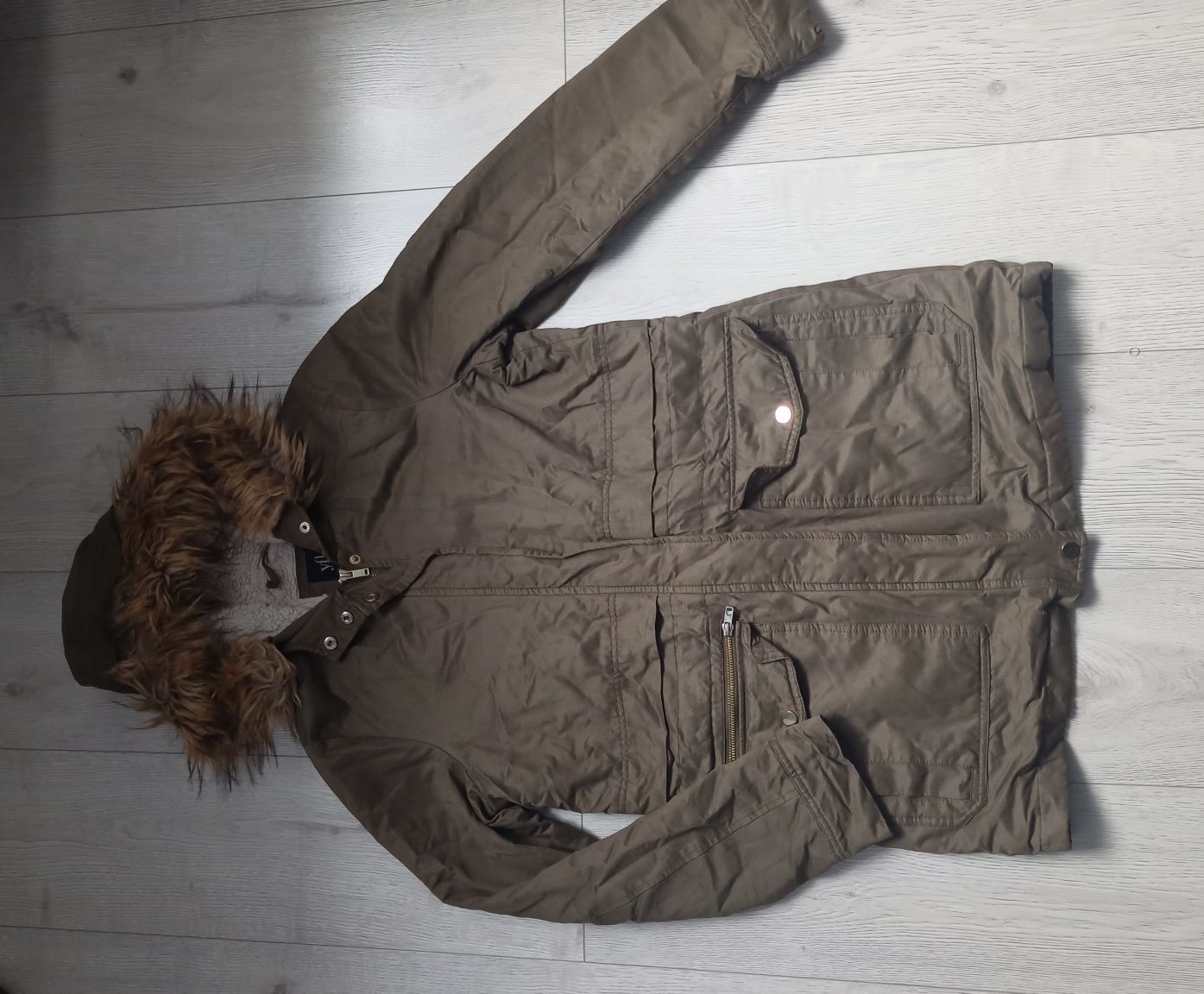 parka damska kurtka zimowa długa reserved M 38 khaki z kapturem