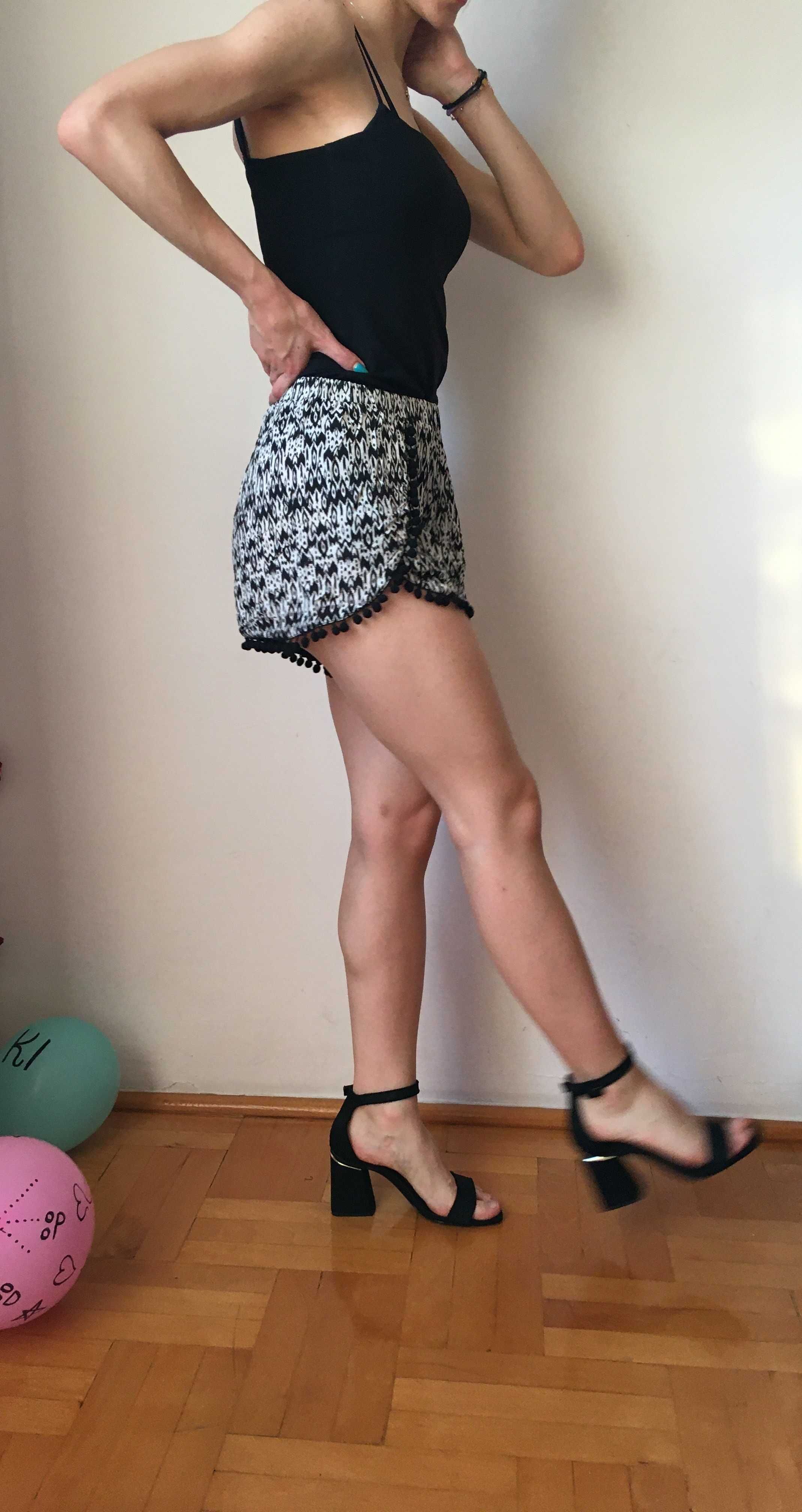 Spodenki shorty letnie 38 L H&M pomponiki biało czarne