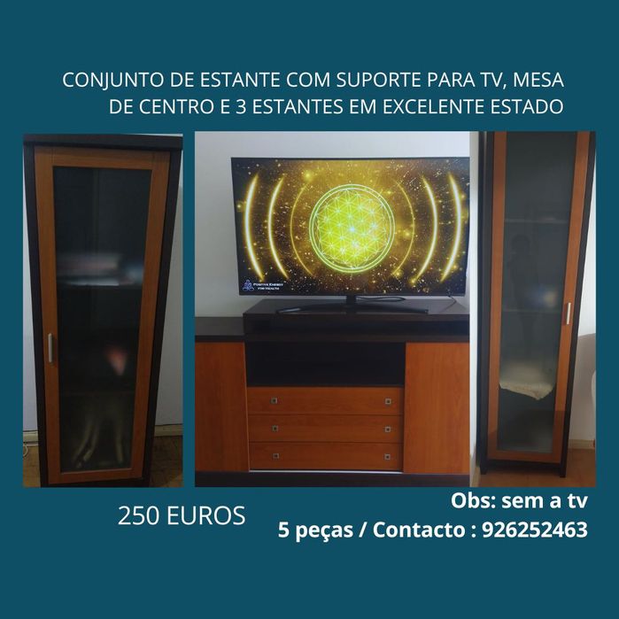 Estante com Suporte para TV, Mesa de Centro e 2 Estantes Isoladas