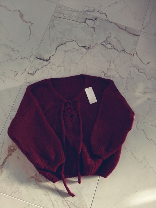 Sweter kardigan z wiązaniem burgund oversize s-xl