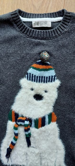 H&M r.110-116 szary sweterek z misiem, Christmas, Boże Narodzenie