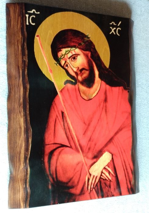 Ikona Jezusa Chrystusa – Ecce Homo, ręcznie zdobiona na drewnie