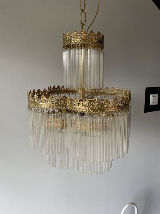 Lampa zyrandol duzy zloty ze szklem antyk lata 70