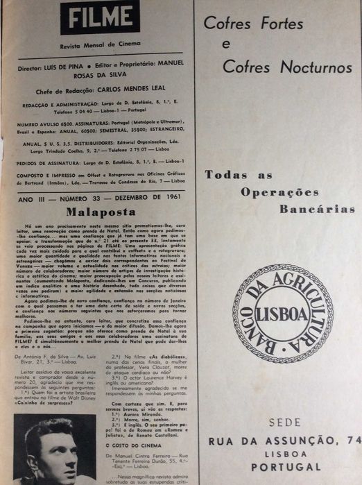Filme, Revista Mensal de Cinema, Dezembro de 1961.