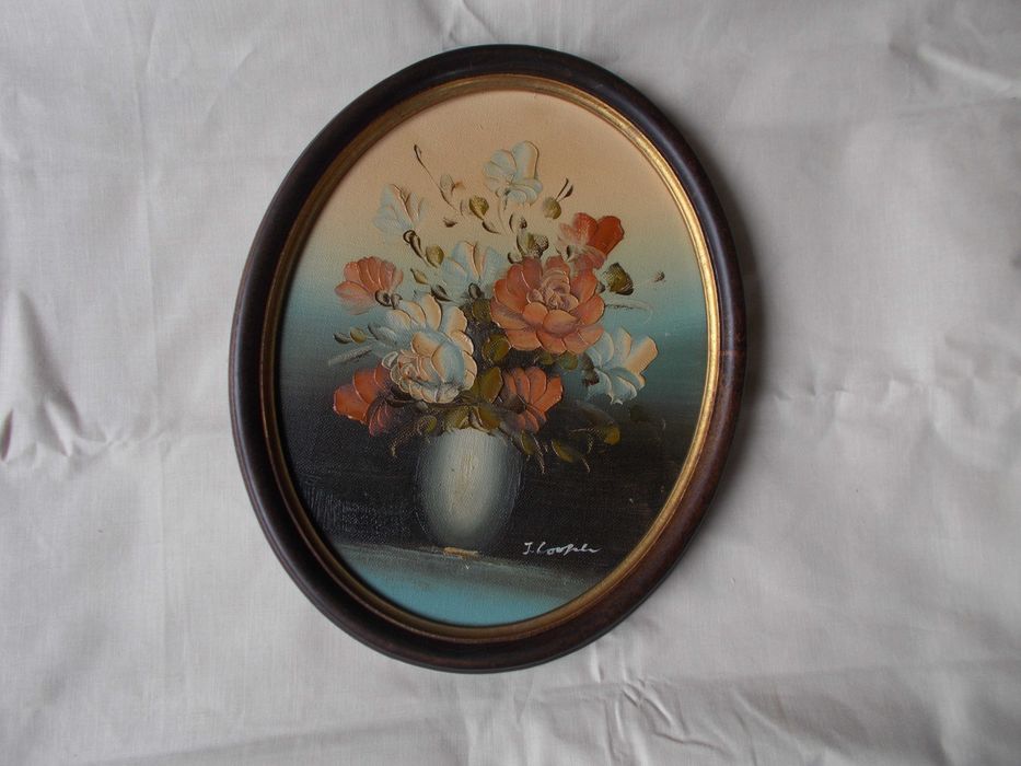 Sztuka - obrazek ręcznie malowany vintage w drewnianej owalnej ramie