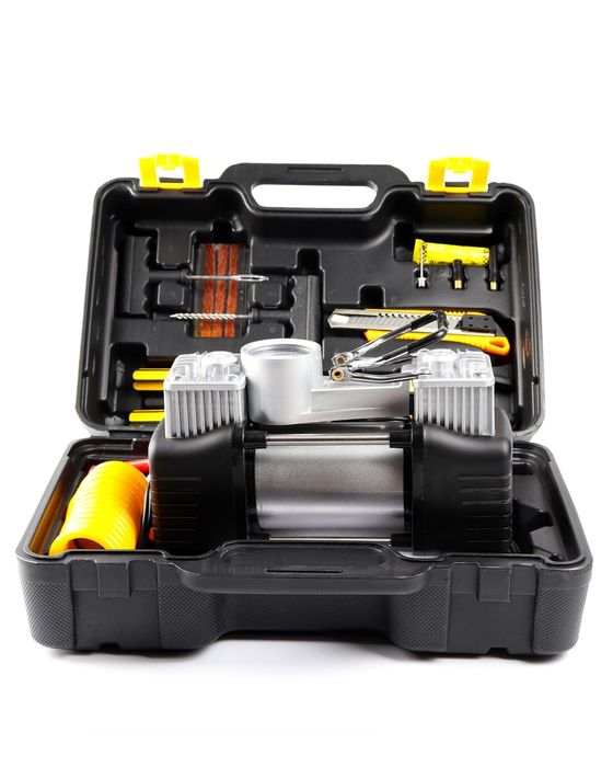 Двух поршневой автомобильный компрессор насос с набором инструментов