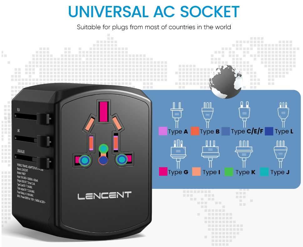 Uniwersalny adapter podróżny LENCENT 3xUSB + USB-C