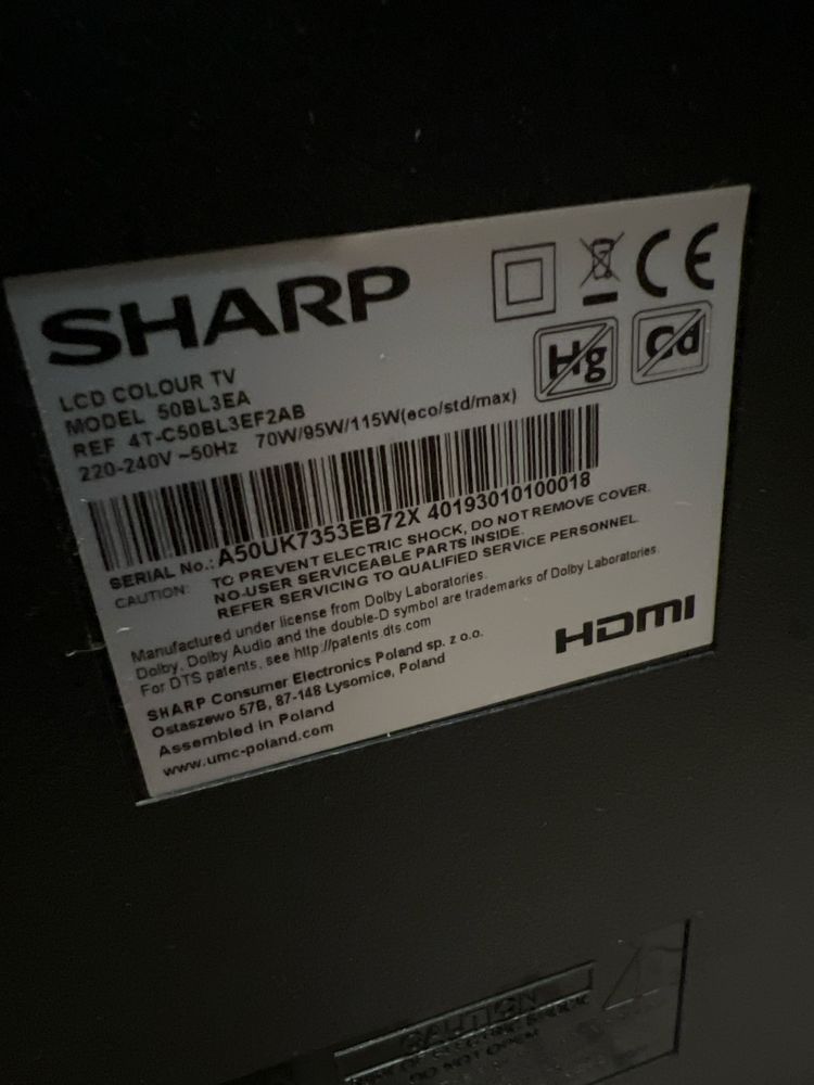 TV Sharp Aquos 50cali 50” 50BL3EA smart tv telewizor uszkodzony