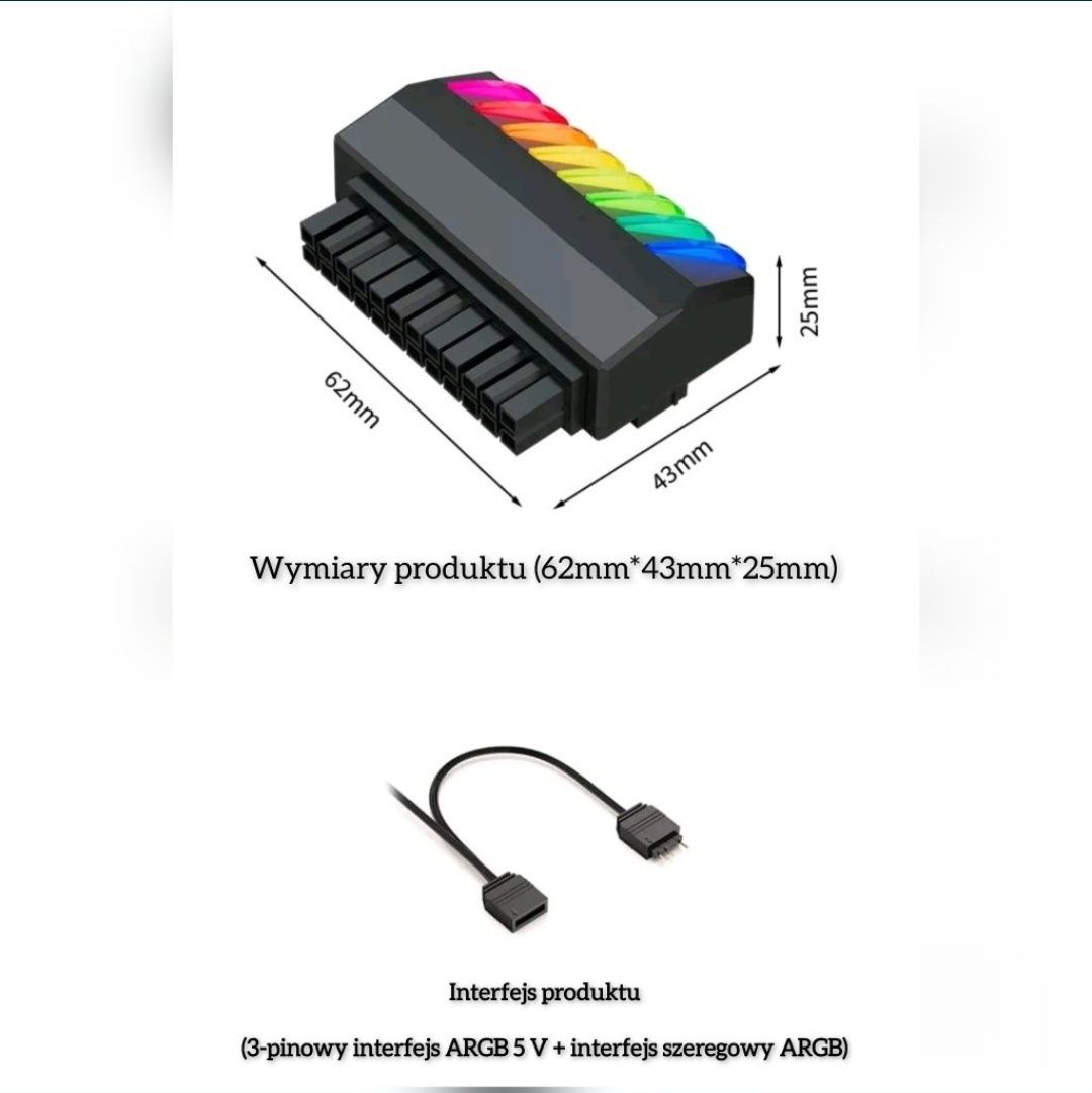 Złącze adapter ATX 24P pin 90° kątowy aRGB 3 pin