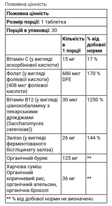 MegaFood Blood Builder залізо бісгліцинат железо iron  30 60 таблеток