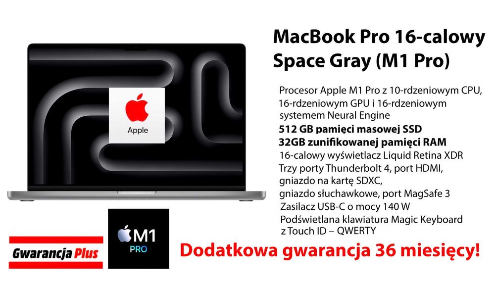 NOWY Apple MacBook Pro 16 M1 Pro 32GB RAM 512GB DODATKI GW-3LATA! FV23