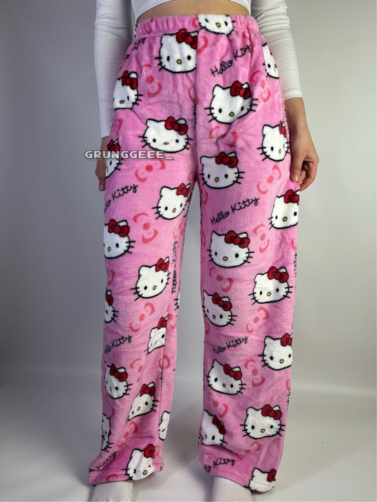 Плюшеві штани hello kitty | Піжамні штани хелоу кітті | широкі штани