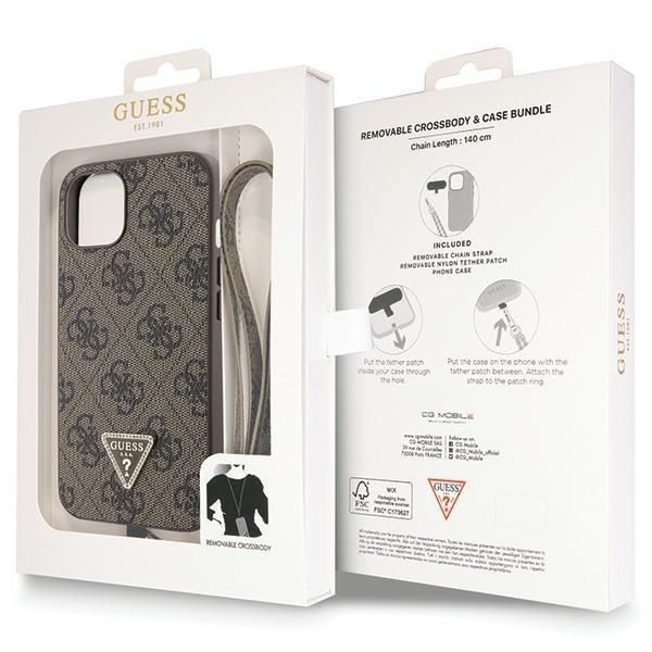 Etui Guess na iPhone 14 - Brązowy Crossbody 4G Metal Logo