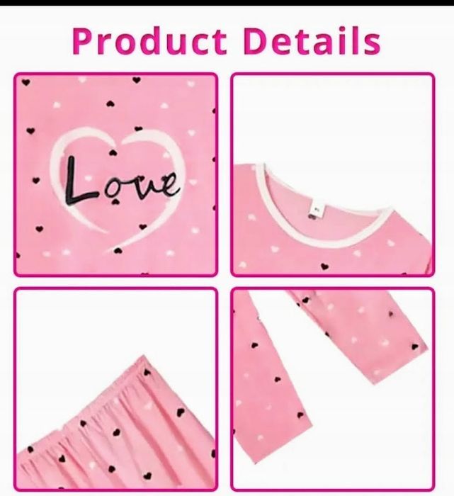 piżama damska love 2xl różowa w serduszka komplet bluzka i spodnie