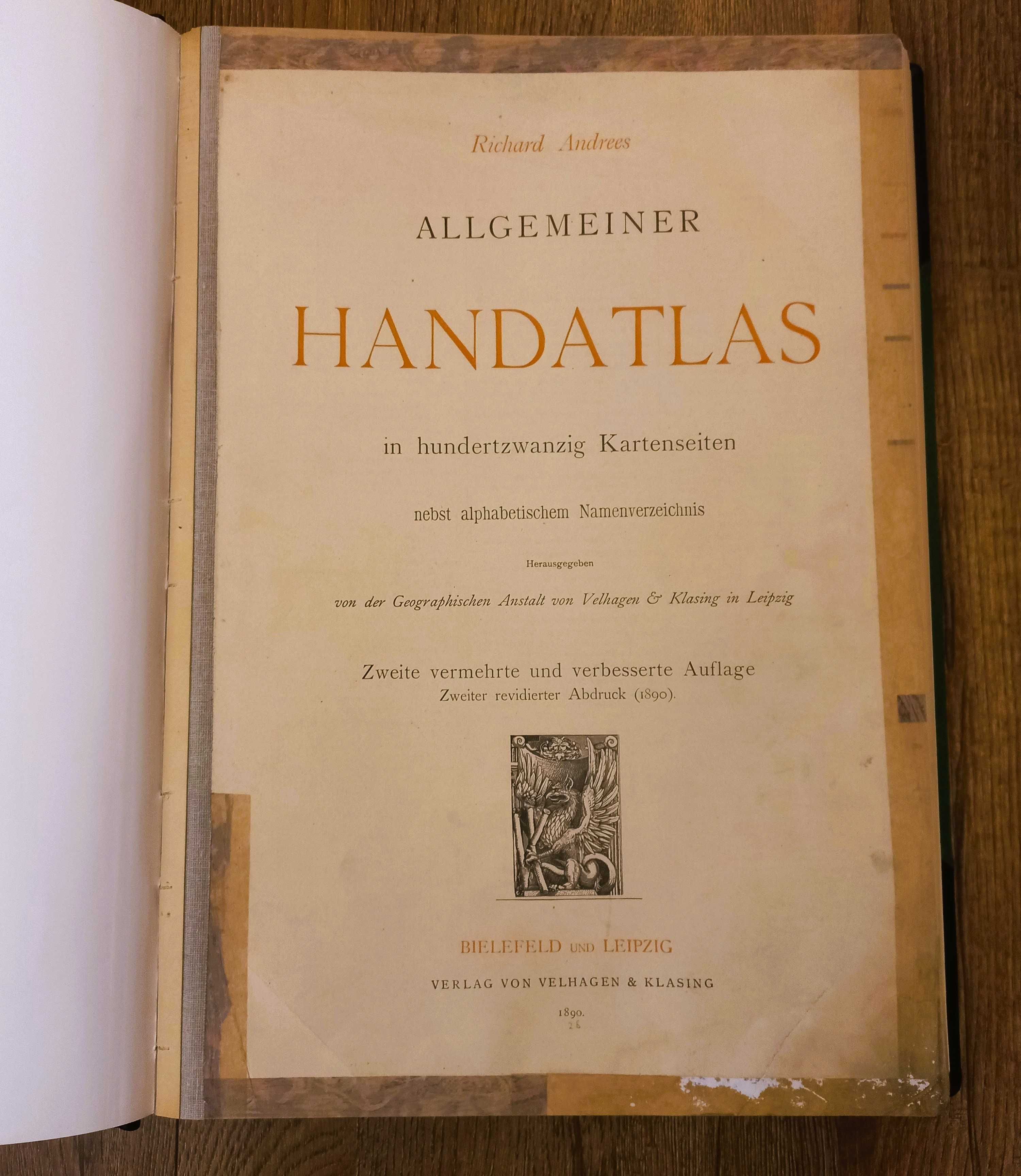 HANDATLAS, Richard Andrees, atlas świata w języku niemieckim z 1890 r.