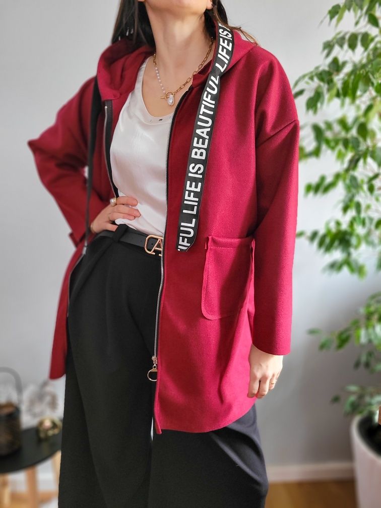 Nowy bordowy płaszcz damski długa kurtka casual oversize na zamek