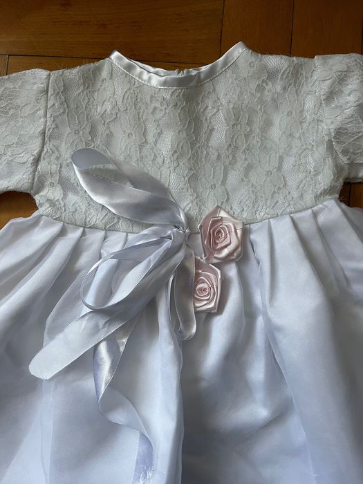 Sukienka niemowlęca biała na długi rękaw na chrzest ślub 80 z koronką