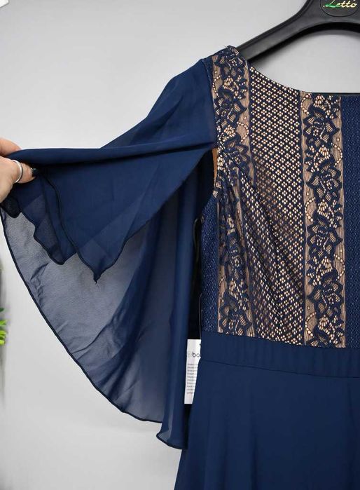 Zwiewna wizytowa sukienka Bonprix granatowa koronkowa 38 długa nowa