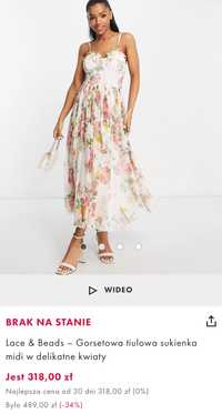 Lace & Beads - Gorsetowa tiulowa sukienka midi w delikatne kwiaty