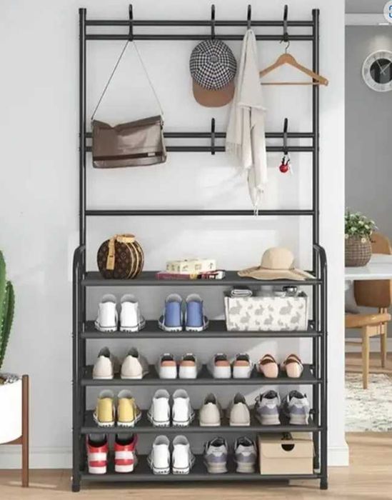 Практичная напольная вешалка для одежды с 4 полками для обуви