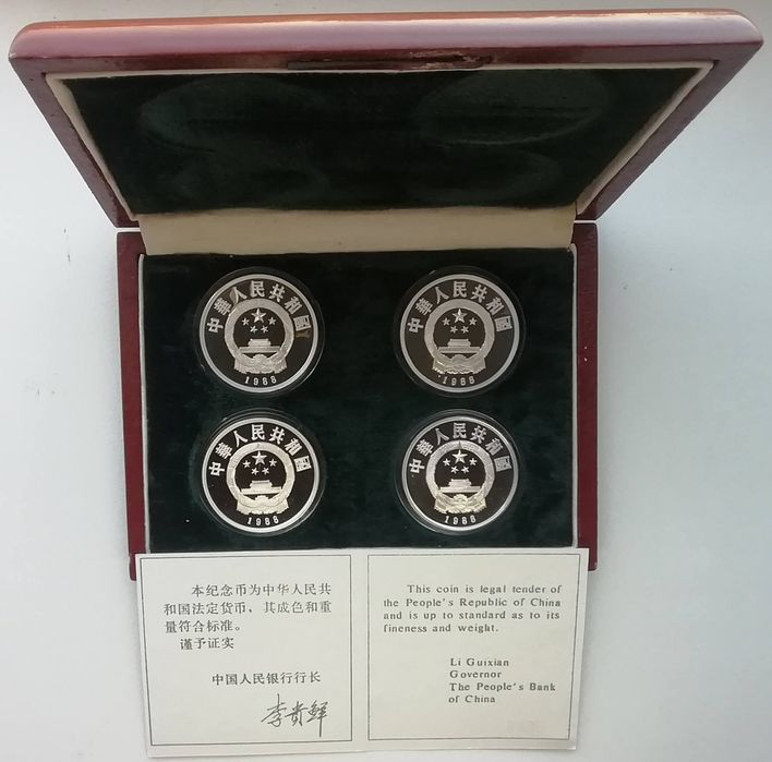 Китай набір 5 юань (4 шт.) 1988р. СРІБЛО. ПРУФ. Сертифікати.