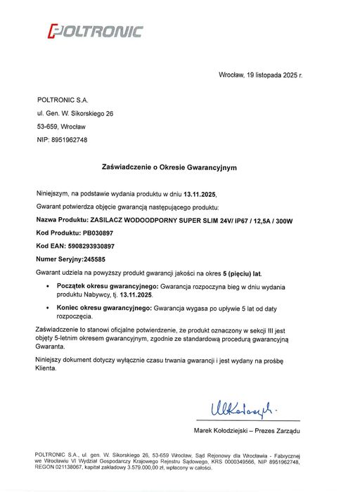 Zasilacz Led Wodoodporny SUPERSLIM 24V/IP67 /12,5A/300W/NEXTECPB030897