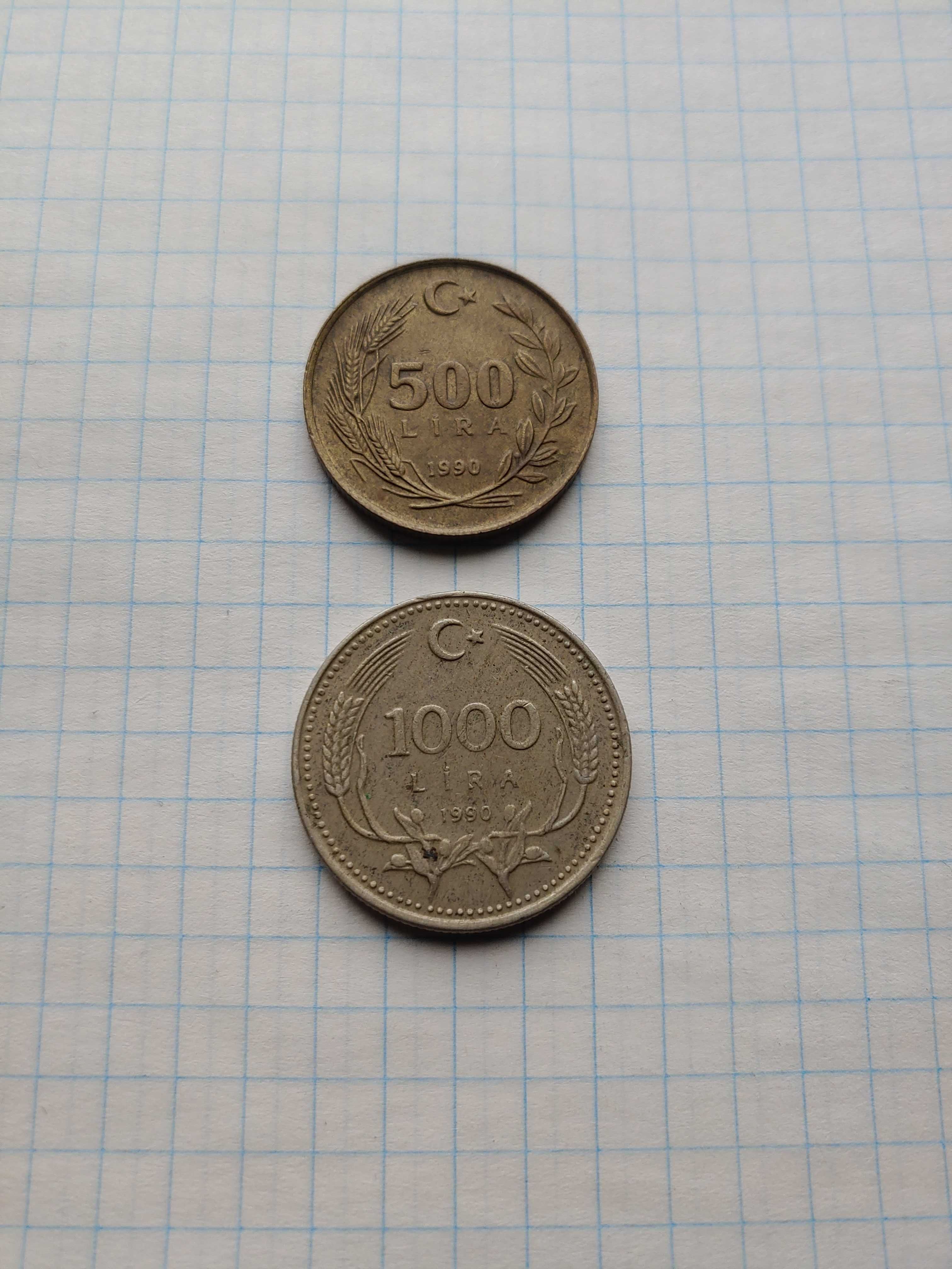 Монеты 1000 и 500 лир 1990 года Турция