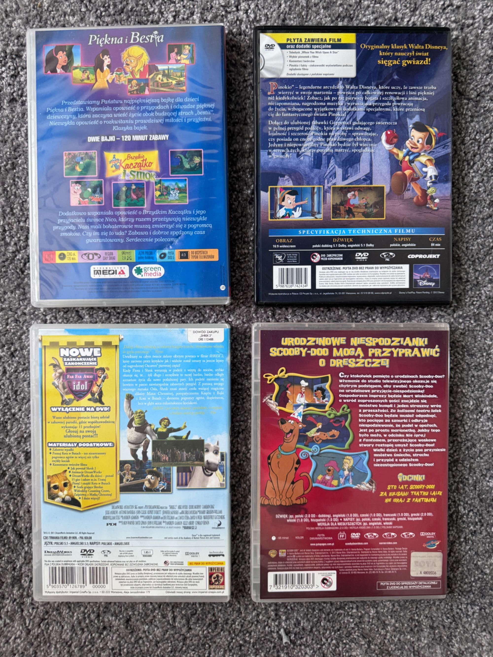 Bajki na dvd Pionokio, Shrek, Piękna i bestia, Scooby doo