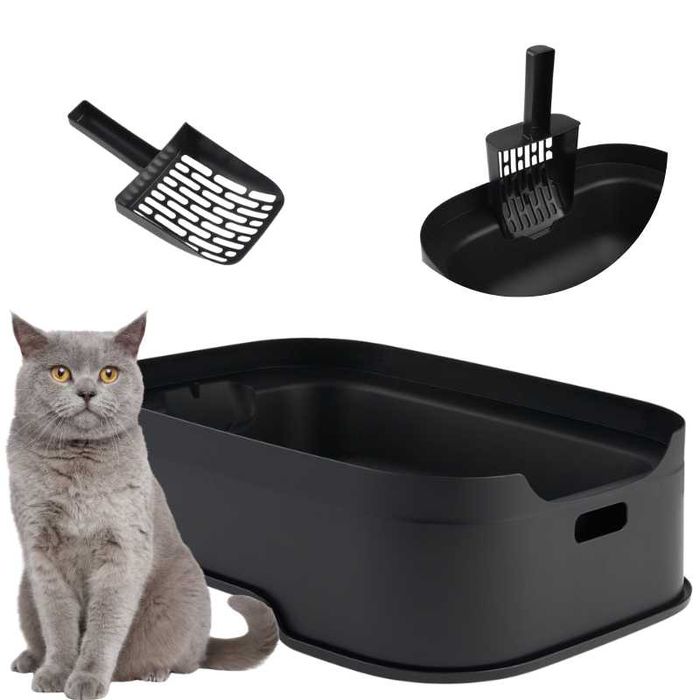 Duża wytrzymała czarna otwarta kuweta na żwirek toaleta kot + łopatka