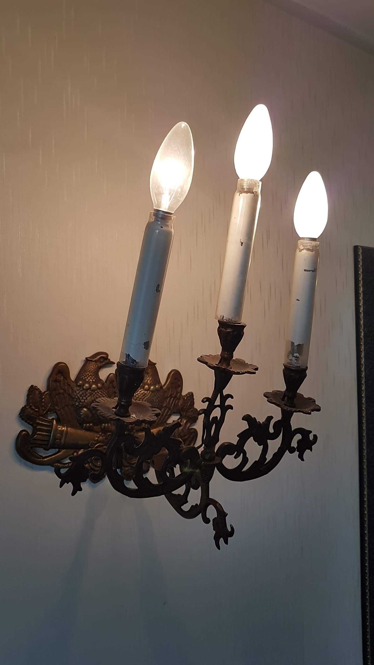 Komplet lamp mosiężnych, żyrandol, 2 kinkiety, lampa stołowa
