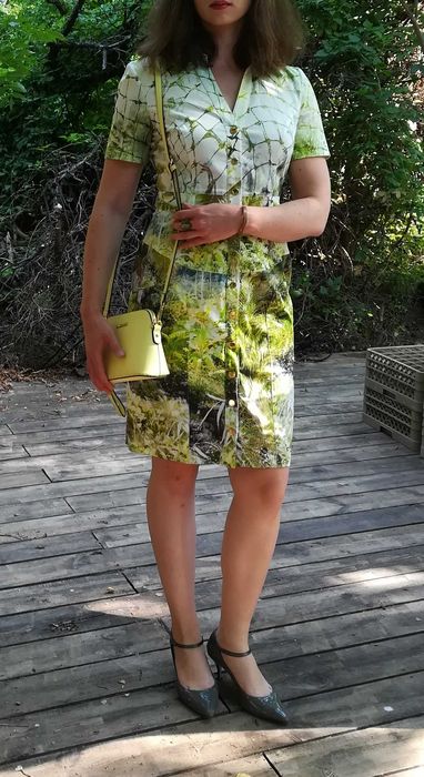 Sukienka midi,guziki, roślinny wzór, koktajlowa, wesele, 42, Lasagrada