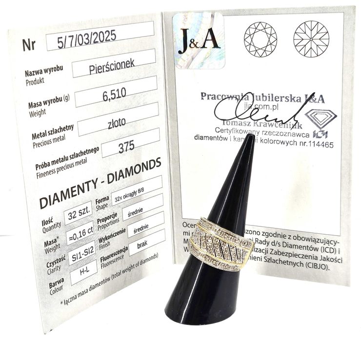 LUKSUSOWY złoty PIERŚCIONEK wysadzany diamentami  6,50G 375 0,16CT