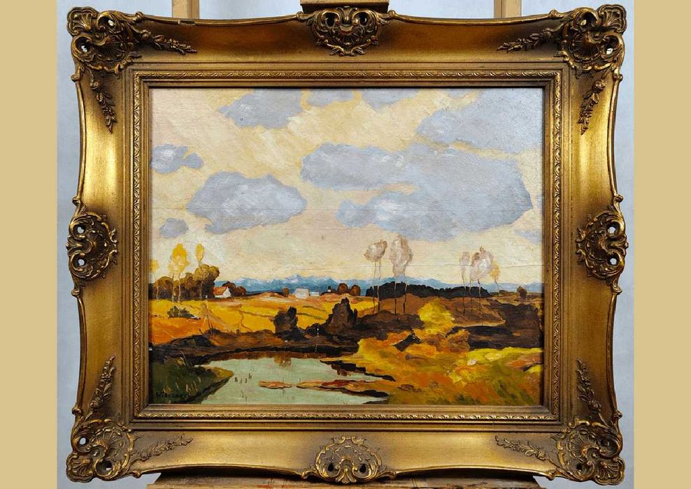 Obraz olejny pejzaż z jeziorem i chmurami Wieczorek olej na dykcie