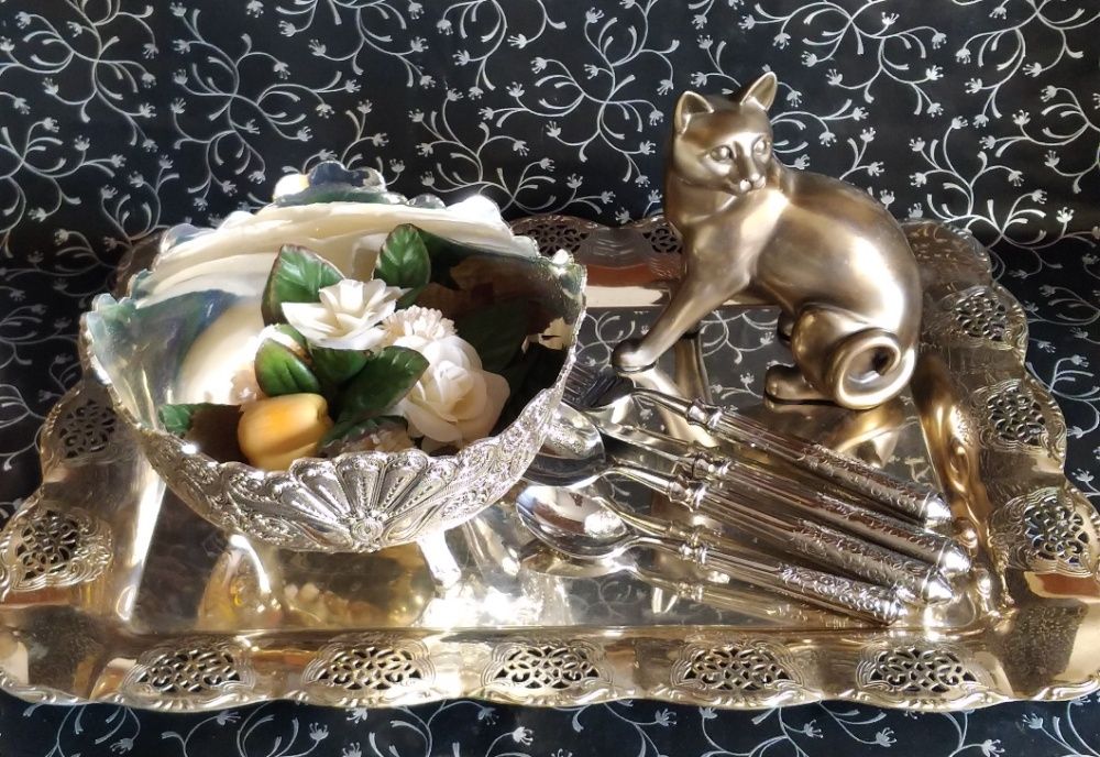 Efektowana Filigranowa srebrna cukiernica z łyżeczką patery Orient