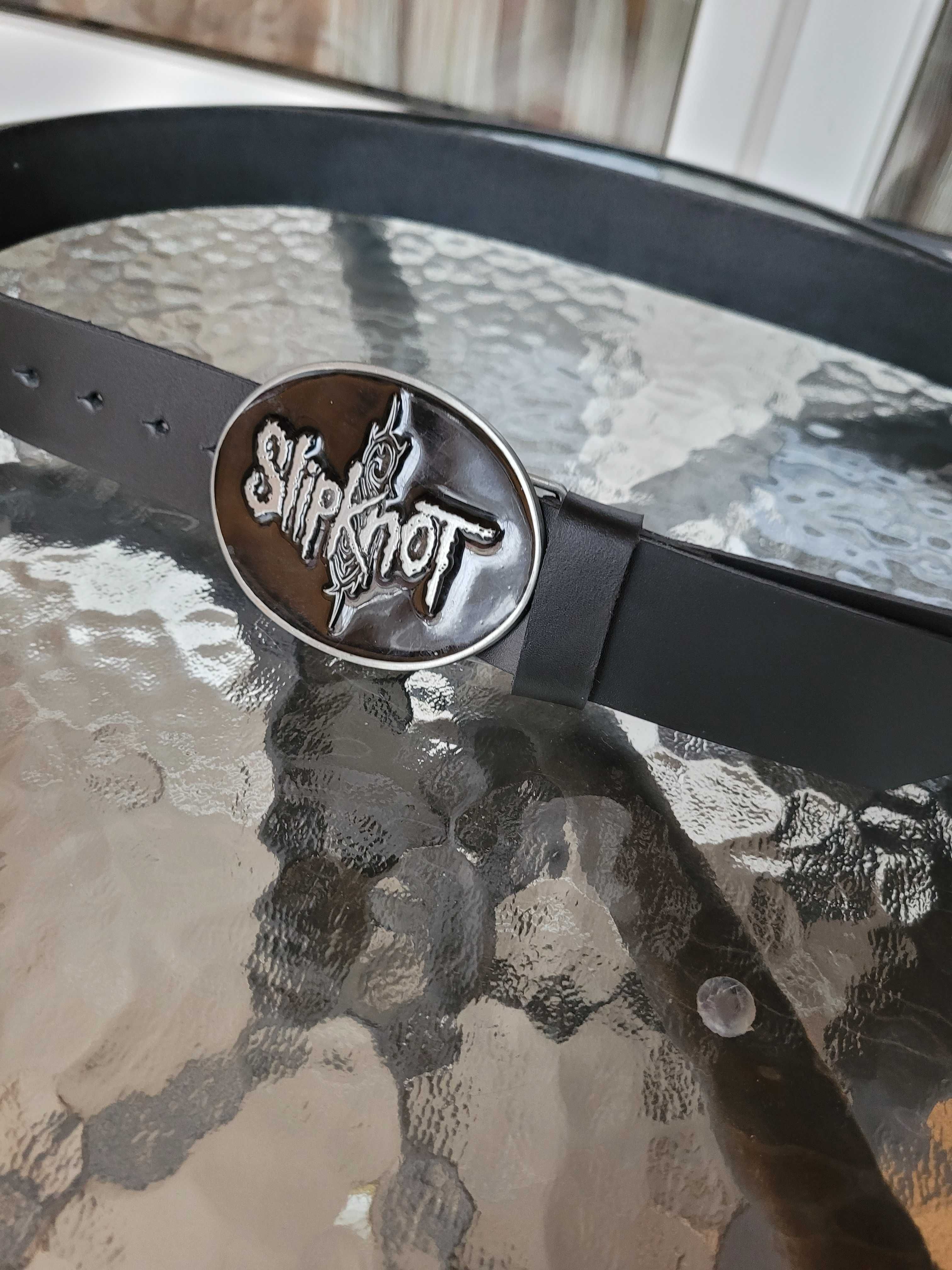 Czarny męski skórzany pasek ręcznie robiony z klamrą zespołu Slipknot
