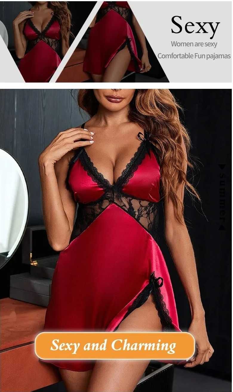 koronkowa patchworkowa satynowa Slim Fit damska piżam czerwona XL