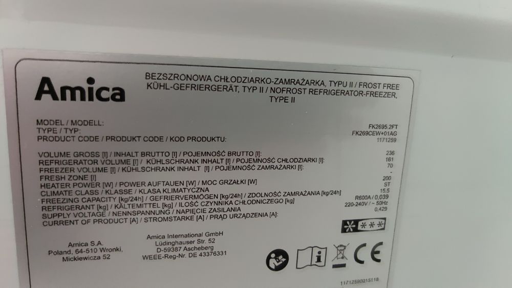 Lodówka Amica FK2695.2FT klasa A+ chlodziarko - zamrażarka