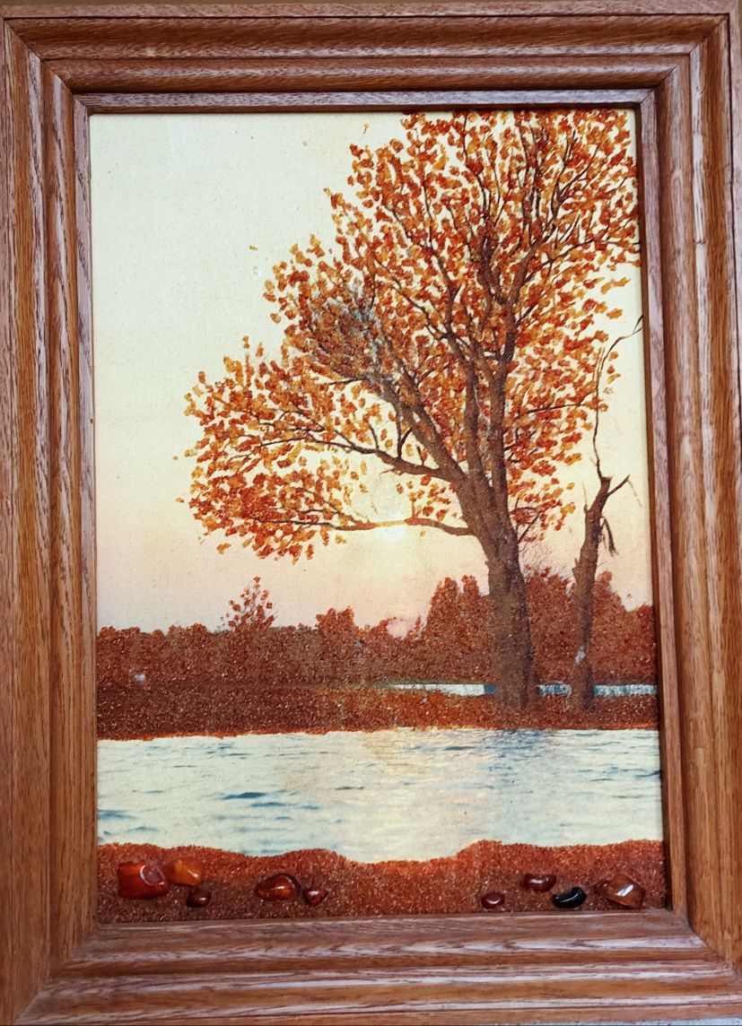 Картина с янтаря, бурштин, дерево, озеро, вода, интерьер, камни, село