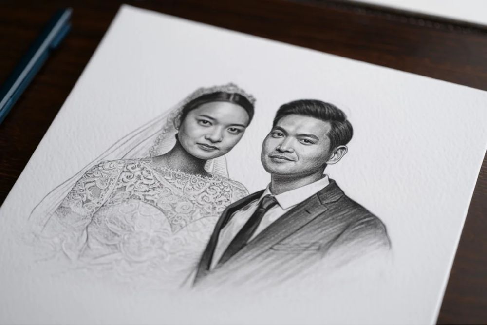 Portret na zamówienie Gdynia | Prezent  ślubny, szkic twarzy rysunek