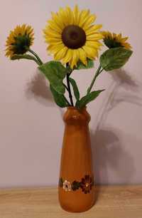 Wazon gliniany z kwiatami, plastikowe słoneczniki, PRL + mały gratis