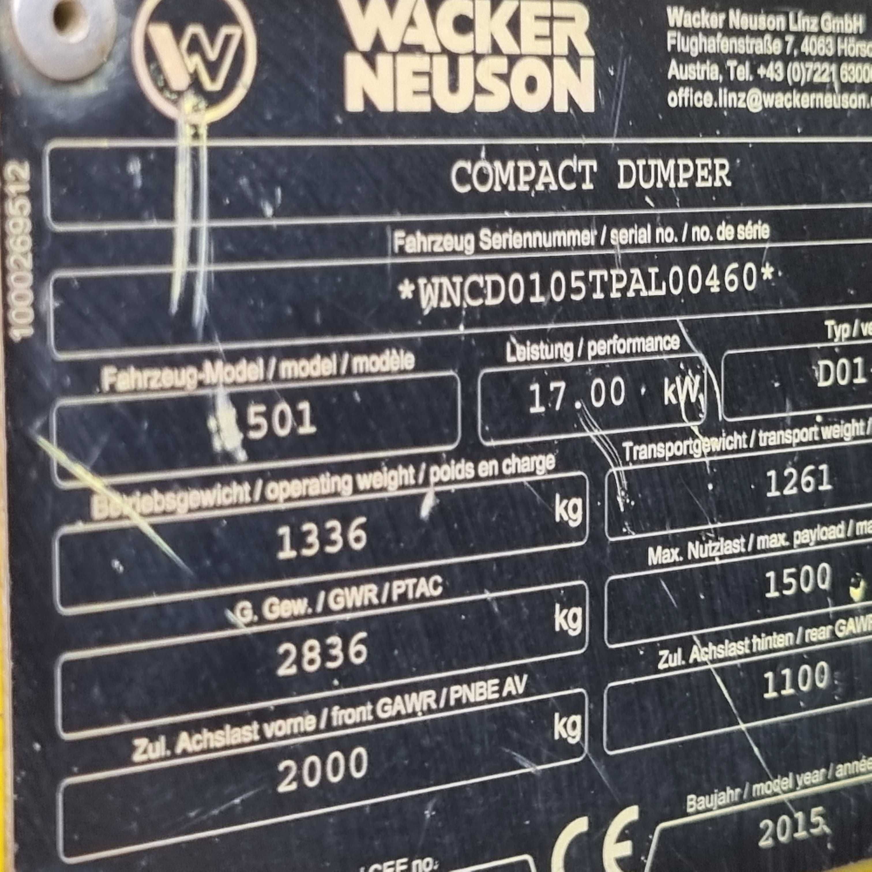 Wozidło 1,5t WACKER NEUSON 1501 zNorwegii 2016r JAK NOWE 1050Mtg Obrót
